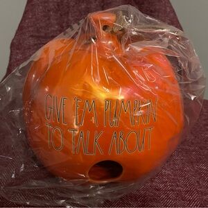 Rae Dunn “Give ‘Em Pumpkin to Talk About” Orange, iridescent pumpkin birdhouse.